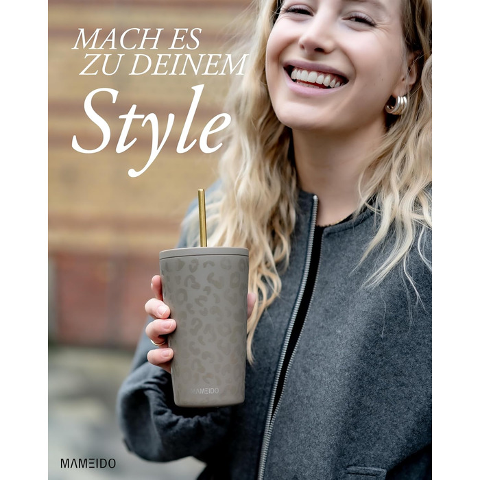 Термокружка MAMEIDO з трубочкою 470 мл, з кришкою та ізольованою сталевою трубочкою, подвійні стінки, не протікає, для кави на виніс (Wild Allure)