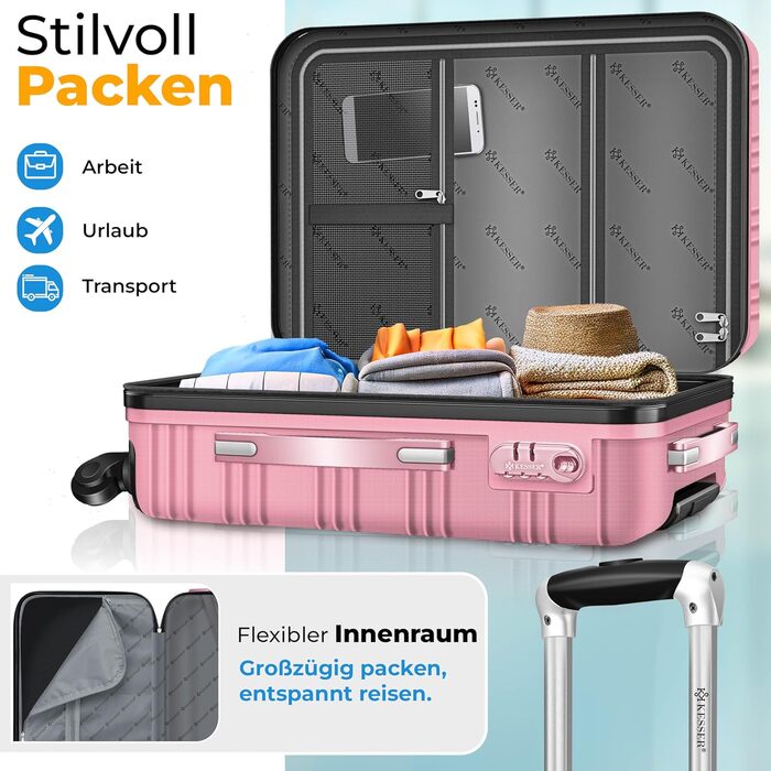 Набір валіз KESSER® 3шт. з жорстким корпусом: велика, середня, маленька. Рожевий колір. Валіза-тролі, валіза-чемодан, валіза на колесах з замком, ABS-пластик, телескопічна ручка, вага в комплекті.