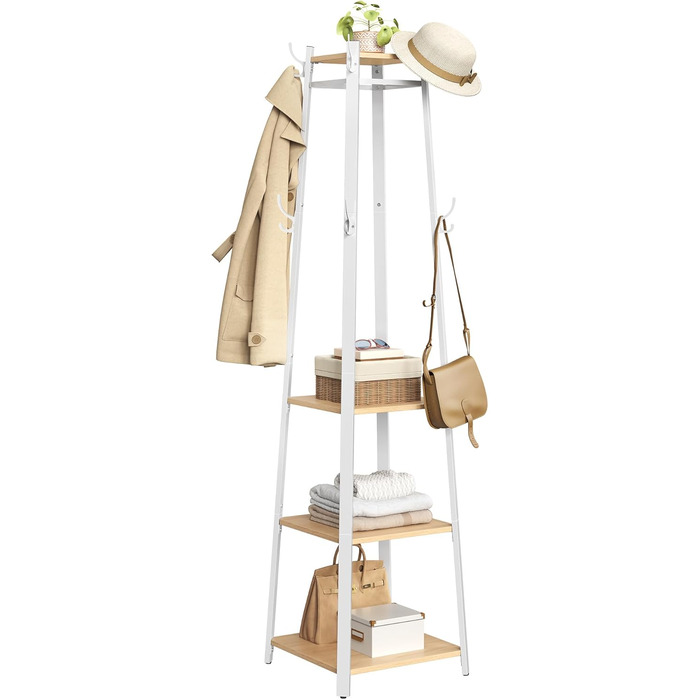 Стійка для одягу VASAGLE з 8 гачками, 4 полицями та вішалкою, металевий каркас, для шалей, курток, сумок, для прихожого, золотий дуб + білий, LCR080W09