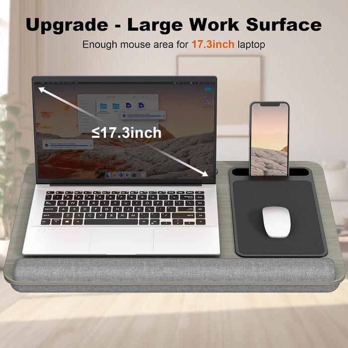 Підставка для ноутбука PUTORSEN для ліжка - регульована висота, з підставкою для миші та підтримкою для зап'ястя. Підходить для ноутбуків до 17,3 дюймів, Lapdesk з вирізом для планшета та телефону, сірого кольору