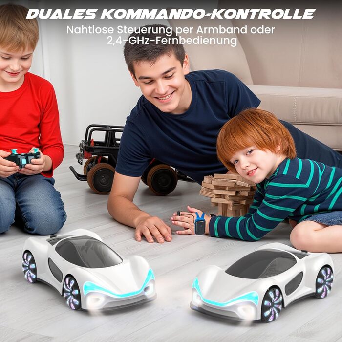 SIMREX RC Автомобіль 360° Дрифт Stunt Авто на радіокеруванні з LED підсвіткою дисків та туманом, 2.4GHz для дітей та дорослих від 6 років, подарунок на день народження, білий