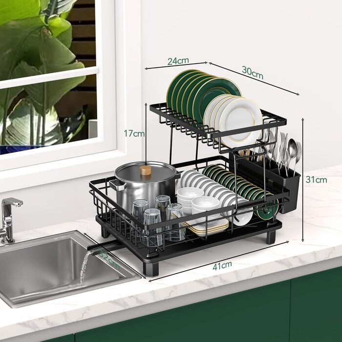 Сушарка для посуду ROTTOGOON розширювана, 2-ярусна, чорна: нержавіюча сталь, з висувним носиком та відділенням для столових приборів