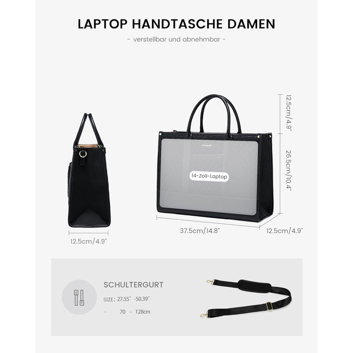 Сумка для ноутбука LOVEVOOK, шкіряна, чорна, 14 дюймів. Сумка-шоппер, ділова сумка, портфель для роботи, навчання, офісу та університету. Водостійка, велика, для ноутбука, ділової жінки.