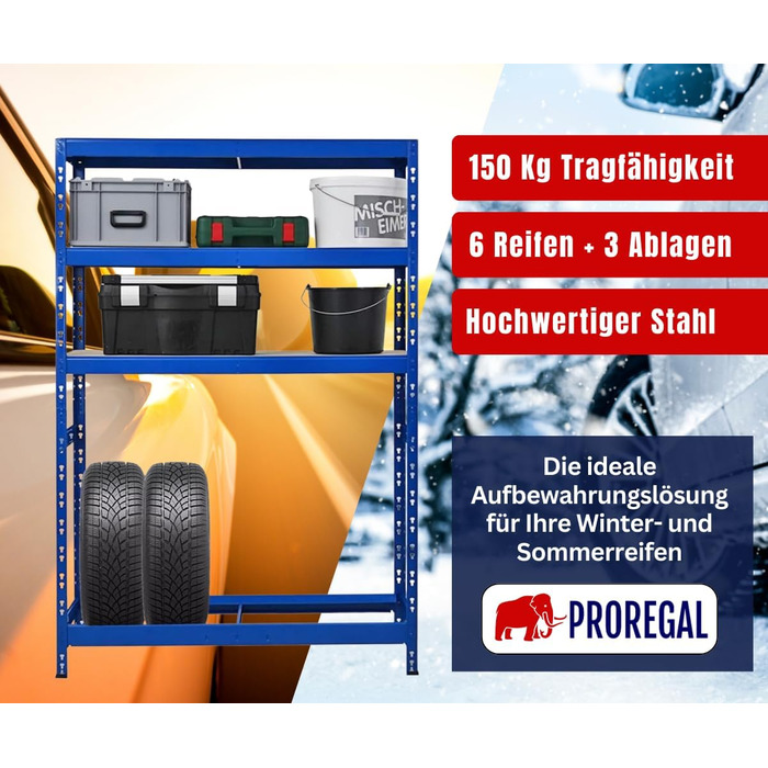 Стеляж для шин PROREGAL Tiger XL, 200x180x45 см, 300 кг на полицю, до 205/55 R16, для автосервісу, складу, підвалу (6 шин + 6 полиць, блакитний)