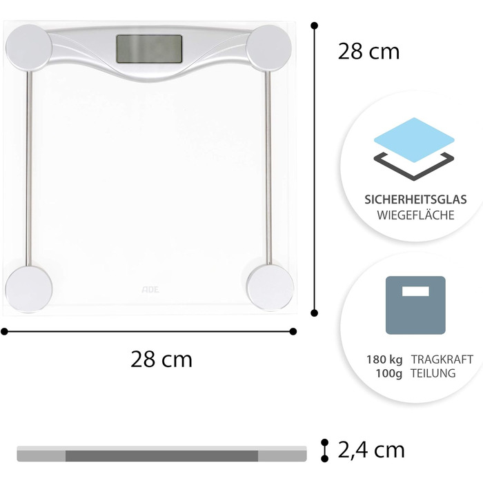 Цифрові ваги для ванної кімнати ADE BE1510 Olivia (Прозора поверхня для зважування з безпечного скла, точне визначення ваги до 180 кг, РК-дисплей, включаючи батарею) срібло