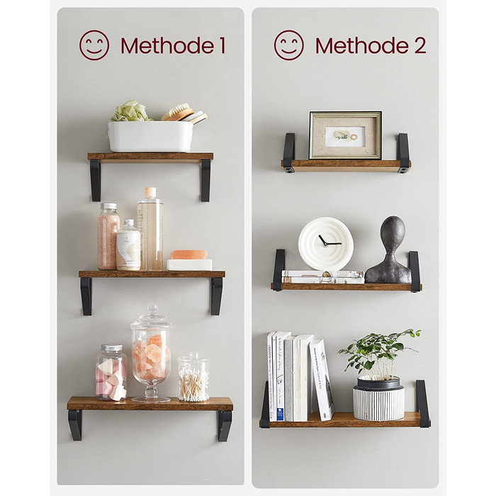 Настінна полиця VASAGLE, 6 шт. у наборі, 30/35/40 см, вінтажний коричневий + матовий чорний, для вітальні, кухні, кабінету, ванної кімнати