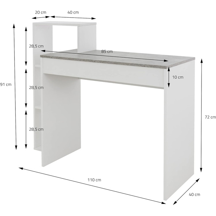 Стіл ML-Design з полицею, робочий стіл Офісний стіл Комп'ютерний стіл Стіл для ПК, білий зі стільницею в бетонному вигляді, 3 полиці, 110x72x40 см, дерево, система 2-в-1, для дому/навчання білий / бетон