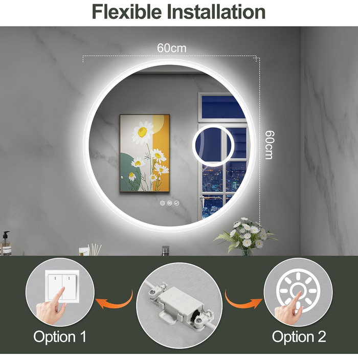 Дзеркало для ванної кімнати S'bagno Runder з підсвічуванням 60 см, з функцією запобігання запотіванню, 3 колірні температури, регулювання яскравості, HD скло, функція пам'яті, IP44, Bluetooth, 5-кратна лупа