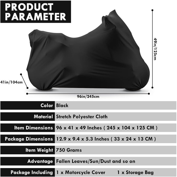 Критий чохол для мотоцикла, еластичний чохол для мотоцикла з еластичної тканини Пилозахисний чохол для мотоцикла Критий дихаючий УФ-пилозахисний чохол для гаража, 104 x 41 x 49 дюймів, чорний (245 (96 x 41 x 49 дюймів) чорний)
