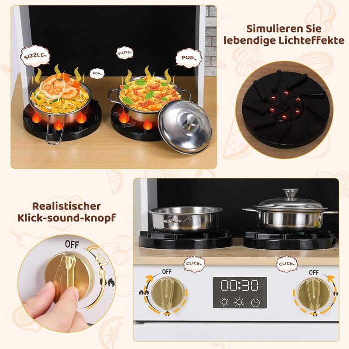 Дерев'яна дитяча кухня MAMIZO з підсвіткою та звуком, 90x30x90 см, з аксесуарами та 2 ящиками для зберігання, іграшка для дітей від 3 років, білий колір