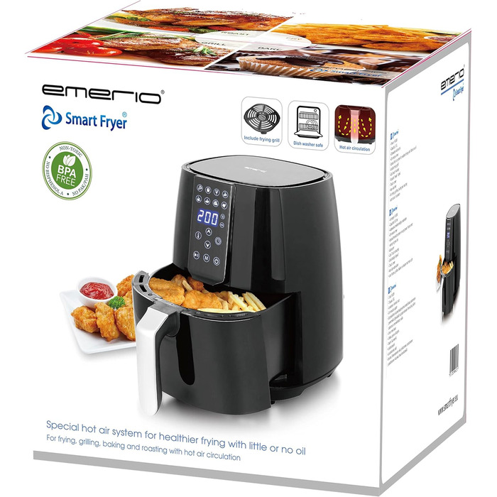 Цифрова SmartFryer Emerio AF-126668, фритюрниця, фритюрниця, смаження у фритюрі гарячим повітрям без додаткової олії, XL, об'єм 3,8 л, Cool Touch, без бісфенолу А, швидке нагрівання, 1450 Вт