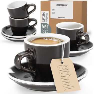 Набір еспресо-чашок HOMEBERLIN® Barista Pro - 4 шт. по 80 мл з підставками - преміум якість, ручна робота, темний глазур