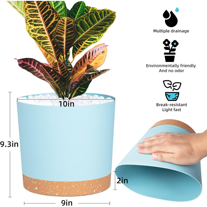 Набір горщиків для квітів QCQHDU 2 шт. з дренажними отворами та знімним дном, підставки, сучасний декор для дому та саду (Світло-блакитний, 25.4 см)