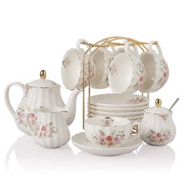 Чайний сервіс Sweejar Home Porzellan British Royal, 6 персон, з чайником, цукорницею, ложками та ситечком, для High Tea (FloralD)