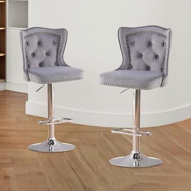 Набір з 2 барних стільців Samt - сучасні стільці для бару з високою спинкою, оббивка велюром, регульована висота, сірий
