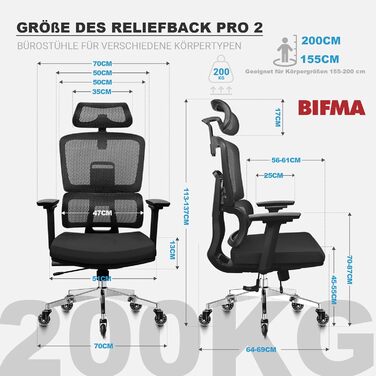 Ергономічне офісне крісло 200 кг | Регульована спинка 6P | 4D підлокітники | Безшумні гумові колеса | Регулювання глибини сидіння | Крісло для великих людей | Перевірено EN12520 | Пінощільність 45