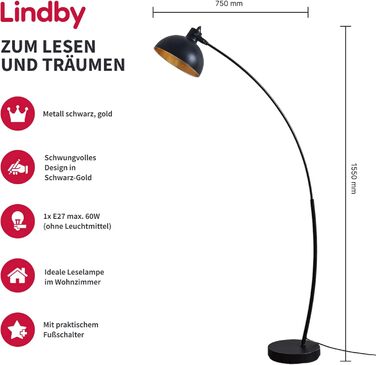 Дугова лампа Lindby, чорно-золотиста, металева, ножний перемикач, E27 макс. 60 Вт, без лампочки