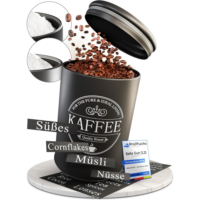 Набір контейнерів для зберігання кави, цукру та борошна IDEALTASTIC® Premium, 3 шт по 500г, повітряно-водонепроникні, чорний