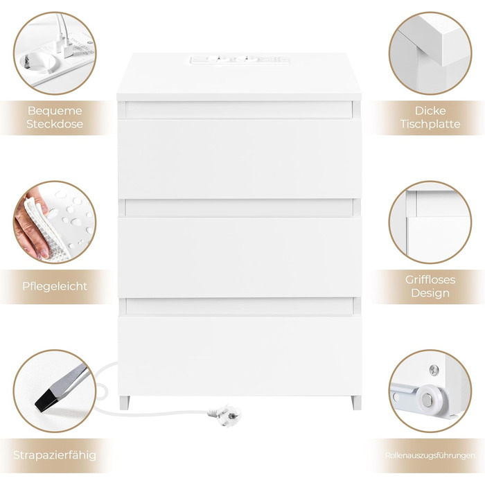 Нічний столик Yaheetech з 3 висувними ящиками, 2 розетками AC та 2 USB-портами, для спальні/вітальні