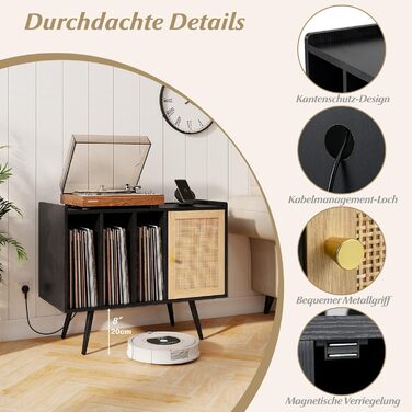 Підставка для програвача COSTWAY з зарядною станцією, стійка для вінілових програвачів, шафа для зберігання платівок, ротанговий дерев'яний шафчик, стіл для зберігання 220 платівок, 80 x 40 x 65 см (Чорний)