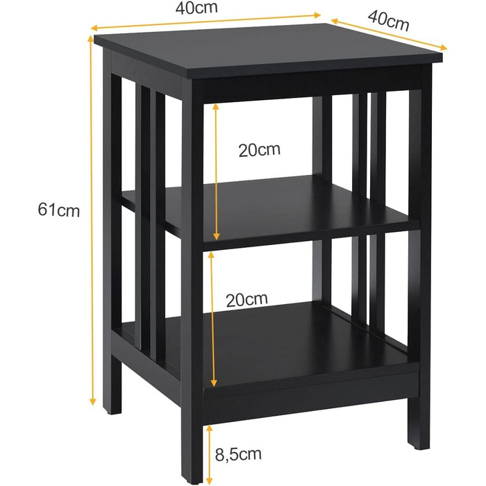 Приліжкова тумбочка LIFEZEAL 3 яруси, квадратна тумбочка з відкритою полицею, невеликий журнальний столик для вітальні спальні, 45 x 40 x 62 см (чорний)