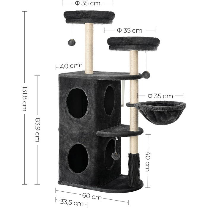 Кігтеточка FourFurPets 132 см, 2 дупла, 2 платформи, кошик, плюшеві м'ячі, димчасто-сірий