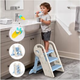 Дитячий підсвічник Onasti Tritthocker: регульована висота, 3 сходинки, з ручками, складний, антиковзний, для кухні, ванної, туалету (сірий, сіро-білий, блакитний)
