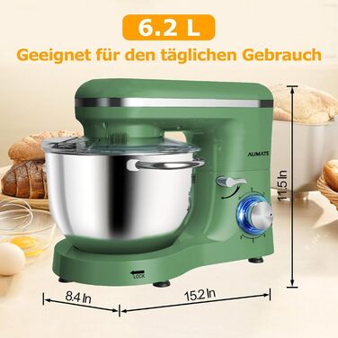 Кухонна машина AUMATE 1400W, 6.2 л, оливковий, з міксером та гаками для тіста