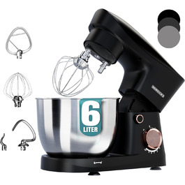 Кухонна машина Heinrichs 1500W з місткою чашею 6L з нержавіючої сталі, 10 швидкостей, набір насадок (міксер, гак для тіста, вінчик)