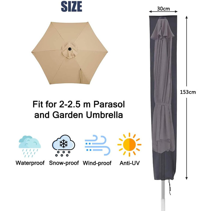 Чохол для парасольки від сонця, 153x30x30 см, водовідштовхувальний, міцний, 600D Oxford, PVC покриття, чорний