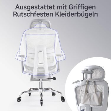 Ергономічне крісло для офісу з підніжкою та подушкою для шиї, 5-рівневе регулювання спинки, 2D підтримка попереку, 3D підлокітники/підголівник, функція нахилу 145°, сітчасте сидіння, гумові колеса (Сірий, Pro)
