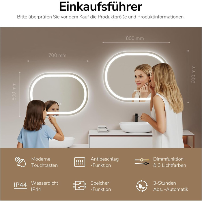 EMKE Дзеркало для ванної кімнати з підсвічуванням 50x90 см овальне з сенсорним вимикачем, 3 кольори світла, регулювання яскравості, антизапарник, функція пам'яті, автоматичне вимкнення через 3 години