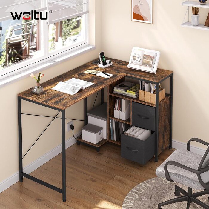 Кутовий стіл WOLTU білий з USB-роз'ємами (A/C) - 120x80x75 см. Комп'ютерний стіл з полицею та розеткою, металевий каркас (вінтажний коричневий)