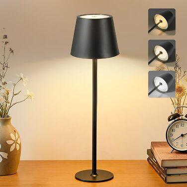 LED настільна лампа Bonsery 2 шт. бездротова, 5200mAh, регульована яскравість, 3 кольори світла, металева, вологостійка, 2 висоти (24/37,5 см), для дому, бару, кемпінгу, чорна