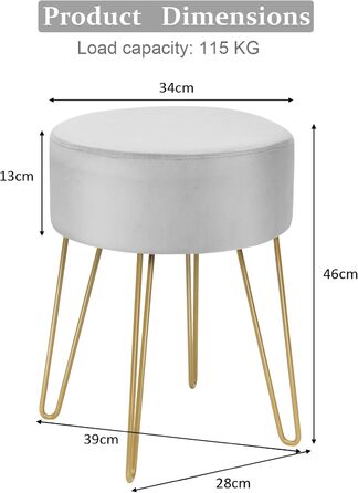 Пуф HOMASIS для туалетного столика, сірий, з металевими ніжками, 34x46 см