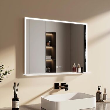 Дзеркало для ванної кімнати EMKE з підсвічуванням 80x60 см, з полицею, антизапар, регульоване холодне біле світло 6500K, сенсорне управління, функція пам'яті, прямокутне дзеркало для ванної кімнати (з полицею) 80Ш x 60В см