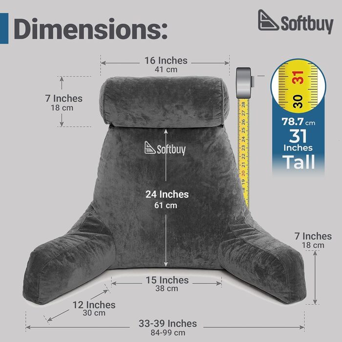 Велике читальне крісло-подушка Softbuy 78,7 см з підголовником, регульована XL-подушка для ліжка, м'яке крісло для дорослих з підлокітниками, ідеально для читання та відпочинку, велике X-Large