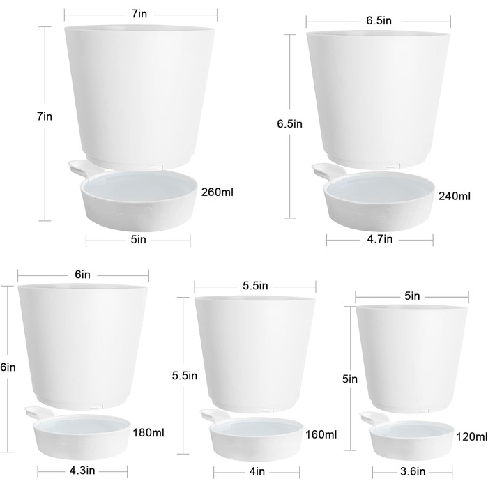 5 шт. пластикові горщики для квітів з системою поливу, 17.8/16.5/15.2/13.9/12.7 см. Самополивні горщики з підставкою, круглі, для дому, балкону, саду, сукулентів, кактусів, зелені (білі)