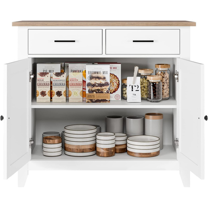 Кухонна шафа HOCSOK з робочою поверхнею, комод з 2 шухлядами та 2 дверцятами, буфет для кухні, вітальні, їдальні, передпокою, дерево, стиль кантрі, білий