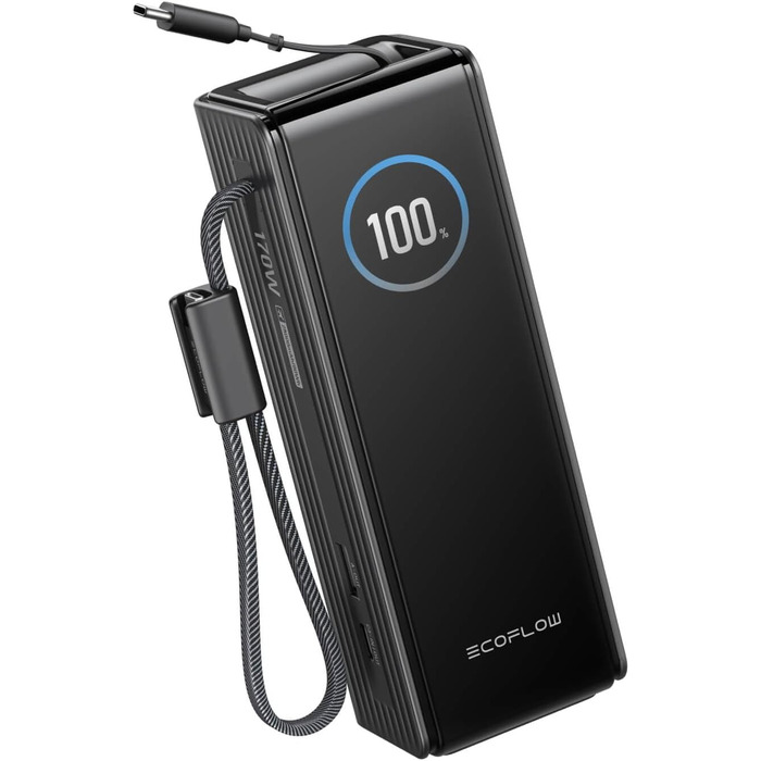 EcoFlow Rapid Powerbank 25000 mAh 170W з вбудованим кабелем, чорний - портативний зарядний пристрій для iPhone, Samsung, MacBook та інших пристроїв