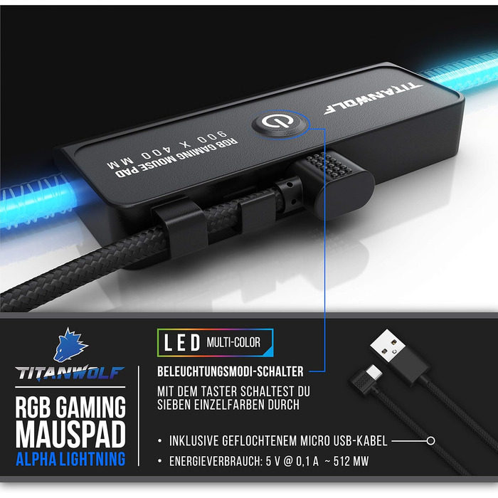 Кисмат TITANWOLF XXXL RGB ігровий килимок для миші – 1200 x 600 мм, LED, 7 кольорів, 4 режими, гумова основа, миється (Black Pro)