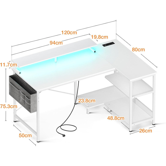 Геймерський стіл Coleshome L-подібний з LED-підсвіткою та розетками, 120x80 см, кутовий письмовий стіл із полицею, реверсивний, підставка для монітора, для офісу чи кабінету, білий