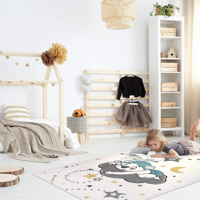 Килимок Дитяча кімната - Кремовий - 80x150см - Ігровий килимок для сну Милий М'який Ведмідь Хмари Місяць і Зірки Дитячий килимок з коротким ворсом - Oeko-Tex Standard 100 80 x 150 см