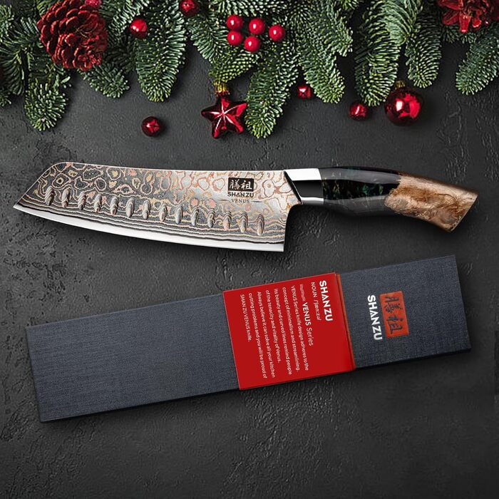 Японський ніж SHAN ZU з дамаської сталі з міддю, ручне кованість, професійний кухонний ніж, 20 см, серія VENUS (18 см Сантоку)