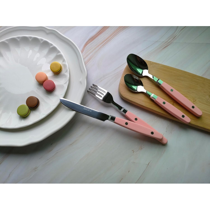 EXZACT Набір столових приборів 24 шт. з нержавіючої сталі, з ручками з заклепками/Столові прибори в ретро-стилі - 6 виделок, 6 ножів, 6 ложок, 6 чайних ложок - Рожевий