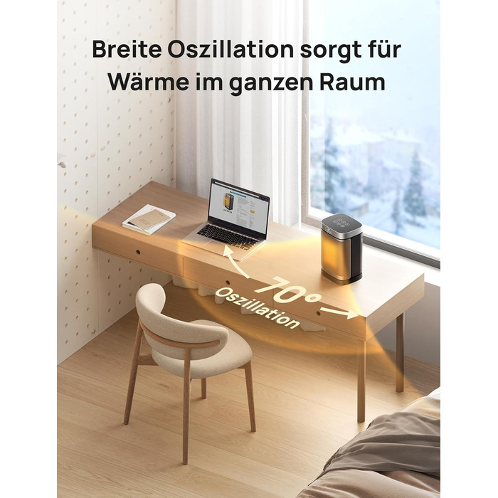 Електричний обігрівач Dreo з термостатом, 1500W, керамічний, тихий, з осциляцією, ECO-режим, таймер 12 годин, захист від перегріву та перекидання, срібний