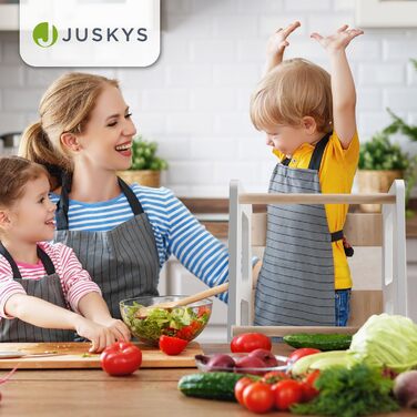 Стілець-сходинка Juskys Henny для дітей від 1 року, білий. Регульована висота, захист від перекидання, кухонний помічник