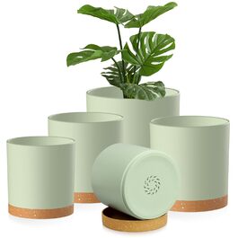 Набір горщиків для квітів 5 шт. з підставками, 17.8/15.2/14/12.7/10.2 см, пластикові, для гідропоніки, внутрішнього та балконного озеленення, зелені з коричневим піддоном
