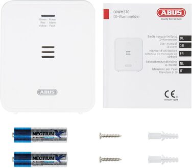 Детектор чадного газу ABUS COWM370 - датчик CO з 7-річним сенсором, гучний сигнал 85 дБ, кнопка тестування та 3 роки роботи від батареї - білий, 1 шт., без дисплея