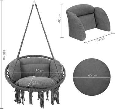 DETEX® Гамак-крісло підвісне до 150 кг, Boho стиль, стійке до погодних умов, сертифікат GS, для саду, 360° обертання, антрацит, для дому та вулиці, з зручною подушкою